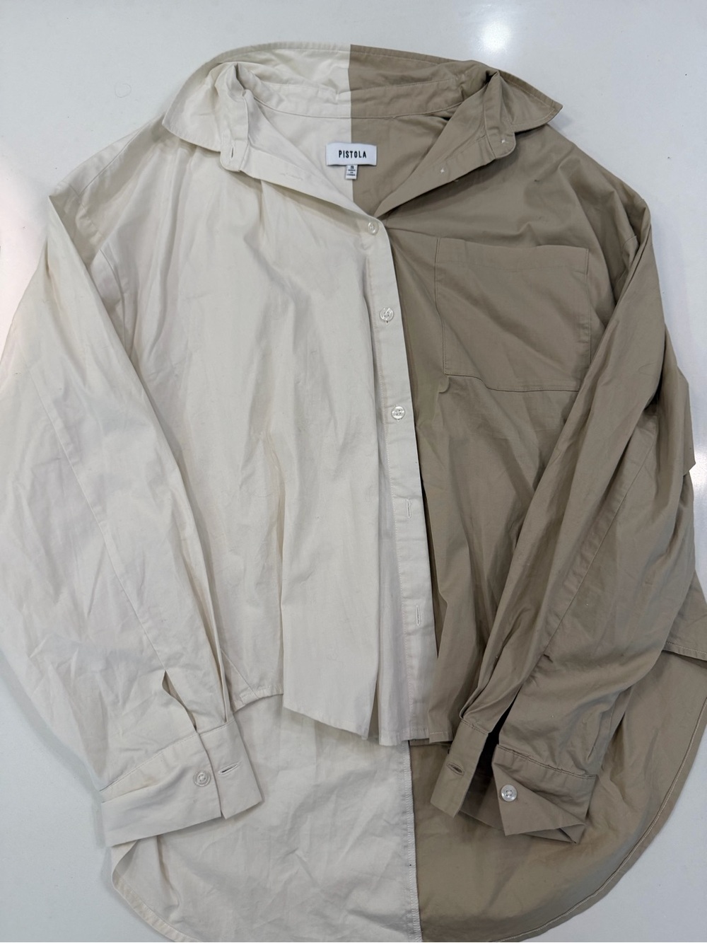 pistola Two-Tone Button-Up Shirt Jacket in Cream & Tan